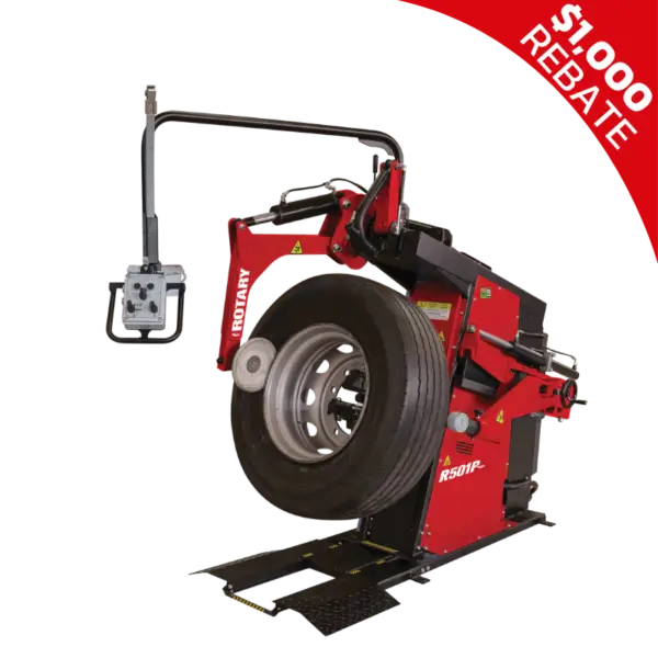 Rotary R501Plus heavy-duty tire changer for truck and bus tires, featuring joystick controls and hydraulic clamping