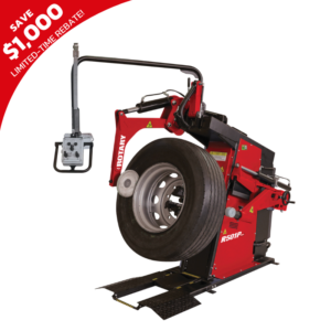 Rotary R501Plus Super Fast Heavy-Duty Truck Tire Changer, showcasing a mounted commercial truck tire with advanced arm and control panel. Includes a limited-time $1,000 rebate promotion banner.