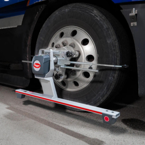 NEW Rotary® R5100HD | Towerless Heavy Duty Truck & Trailer Aligner STDA92 No Run-Out clamp on a semi truck wheel—truck wheel aligner skips rolling compensation for faster setup.
