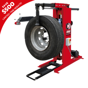 Rotary R560 Roadside Workshop Tire Changer designed for heavy-duty truck tires, featuring a vertical mounting arm and motorized base. Includes a limited-time $500 rebate promotion banner.