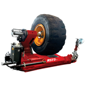 Rotary R573 heavy duty tire changer for trucks, agricultural, and earthmoving vehicles with double speed rotation and high bead breaking force