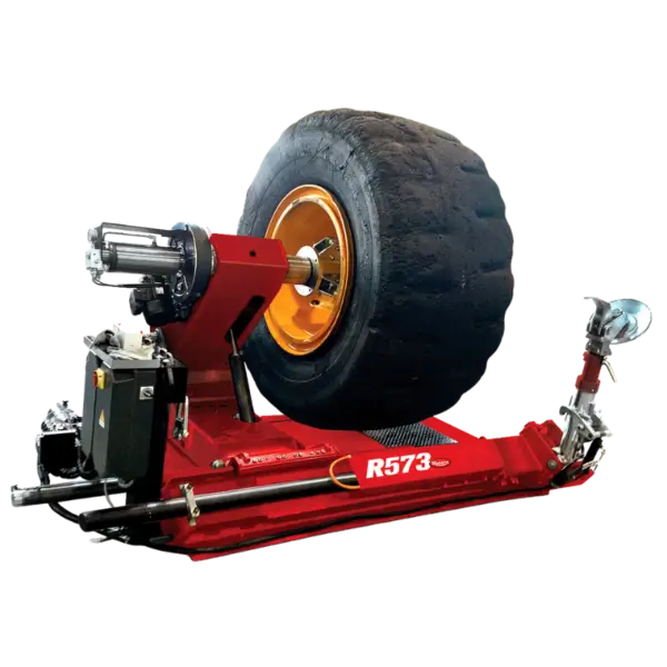 Rotary R573 heavy duty tire changer for trucks, agricultural, and earthmoving vehicles with double speed rotation and high bead breaking force