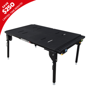 Rotary RT30 Service Repair Table with a 3,000 lb. capacity, designed for servicing EV batteries, engines, and transmissions, featuring adjustable height, drop-down legs, and 360° swivel casters for enhanced mobility and versatility – limited-time $250 rebate offer.