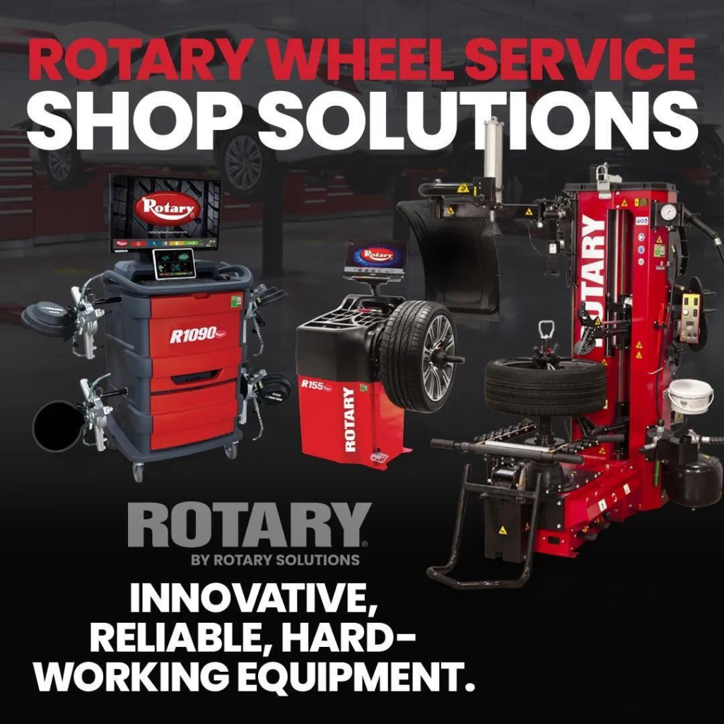 Rotary wheel service equipment including tire changers wheel balancers and wheel alignment systems in an automotive shop