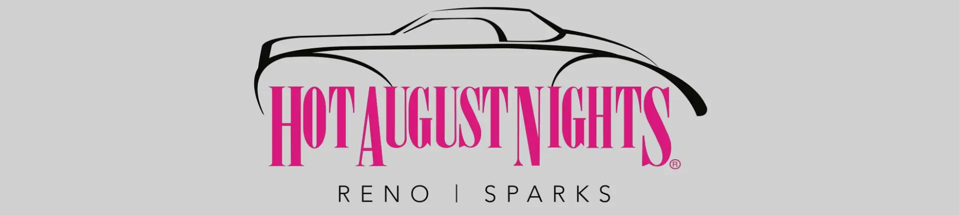 Logo for Hot August Nights 2025 event in Reno and Sparks, featuring a stylized car silhouette and bold pink text.