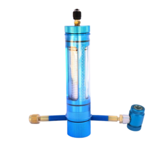 Rotary Manual Oil Injection System for R3AC60 carts, R1234YF oil injector with sight glass body, includes 5-inch hose and quick coupler Rotary Manual Oil Injection System TM90021-A for R3AC50 and 50T carts with efficient manual operation